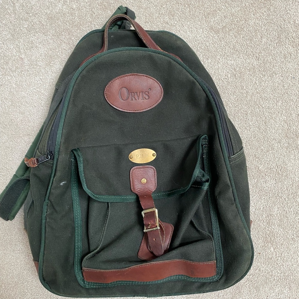 Vintage Orvis Canvas Green Rucksack Backpack Leather Travel Outdoors
